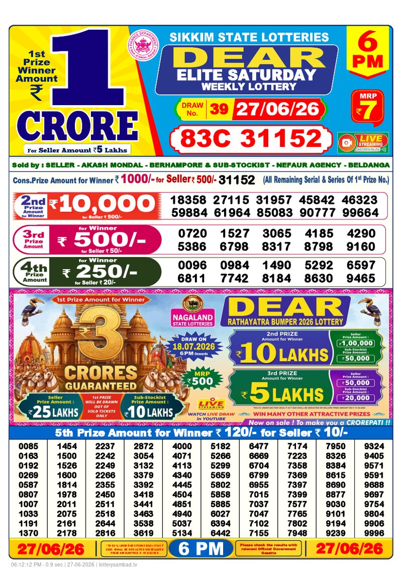 Lottery Sambad Today (27 June, 2026) Dear Lottery Result 1 PM 6 PM 8 PM